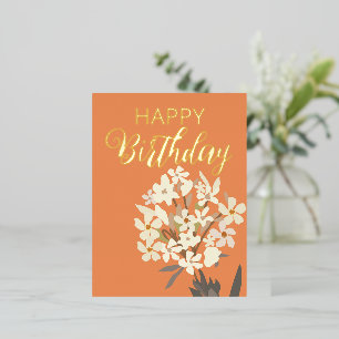 Postal Festiva Con Relieve Metalizado Bouquet Floral Blanca / Cumpleaños Feliz