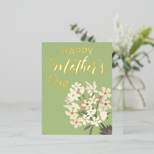 Postal Festiva Con Relieve Metalizado Bouquet floral blanca / Día de la madre
