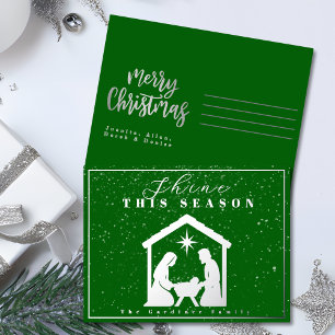 Postal Festiva Con Relieve Metalizado Brilla Esta Temporada Natividad Navidad Verde Plat