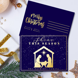 Postal Festiva Con Relieve Metalizado Brilla esta temporada Navidades de Natividad Blue 