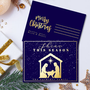 Postal Festiva Con Relieve Metalizado Brilla esta temporada Navidades de Natividad Blue