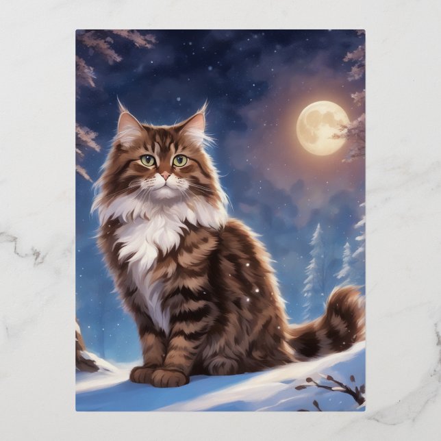 Postal Festiva Con Relieve Metalizado Brown vio al gato siberiano el mago, la fantasía,  (Anverso)