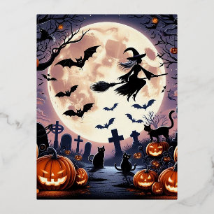 Postal Festiva Con Relieve Metalizado Bruja espeluznante