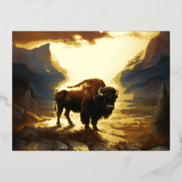 Postal Festiva Con Relieve Metalizado Buffalo Bison Sunset Silhouette