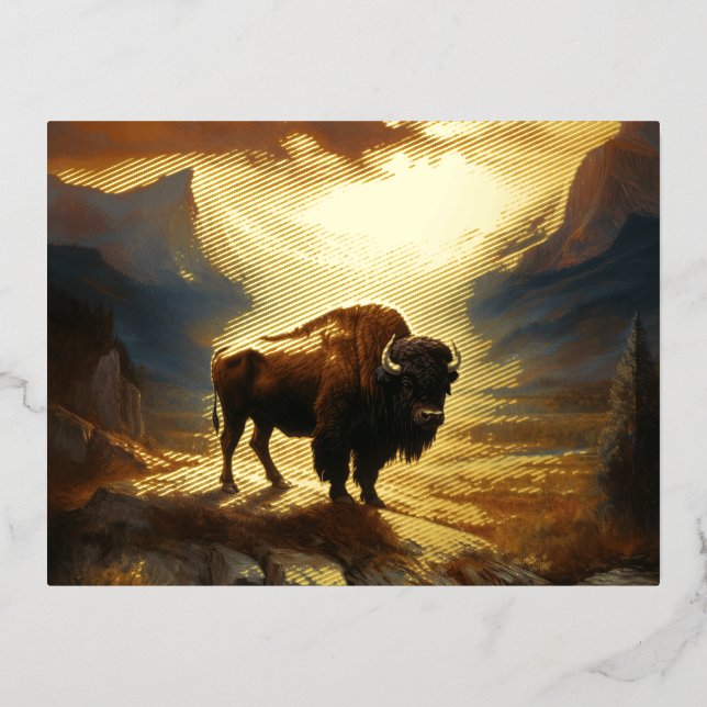 Postal Festiva Con Relieve Metalizado Buffalo Bison Sunset Silhouette (Anverso)