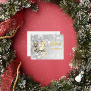 Postal Festiva Con Relieve Metalizado Búho lindo de Navidad con ramas y bolas