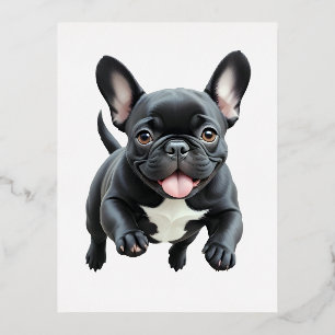 Postal Festiva Con Relieve Metalizado Bulldog francés feliz diversión juguetona saltando