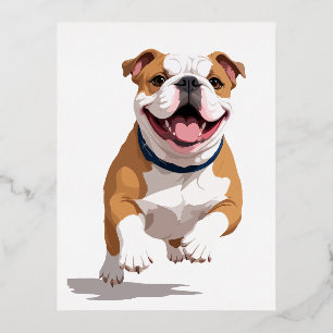 Postal Festiva Con Relieve Metalizado Bulldog inglés feliz diversión juguetona saltando