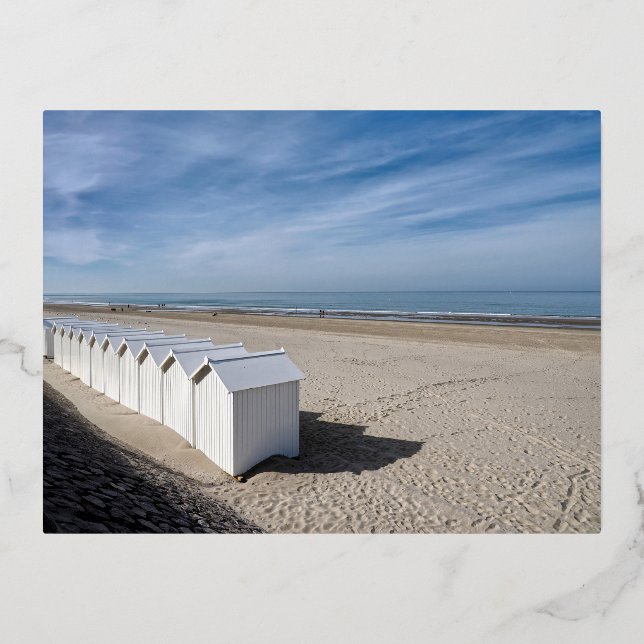 Postal Festiva Con Relieve Metalizado Cabinas de playa en Fort Mahon, Francia (Anverso)