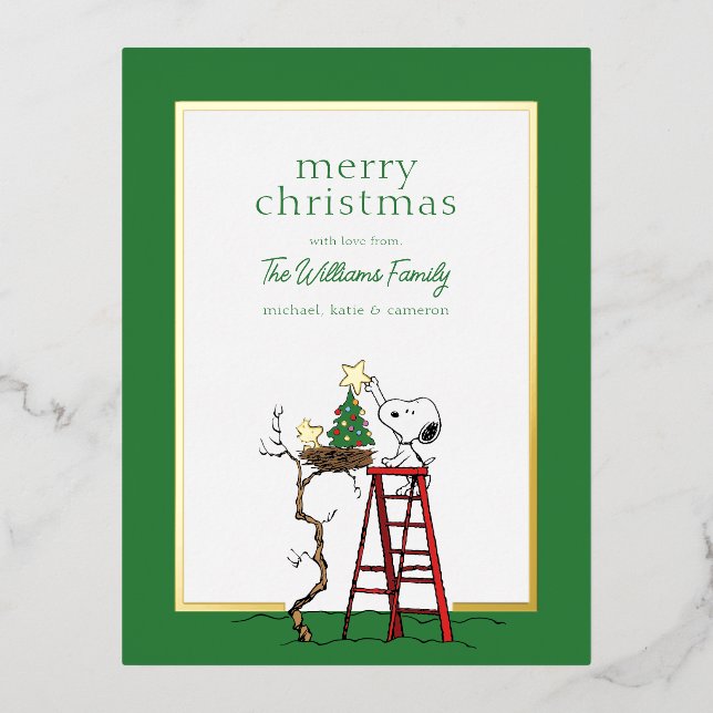 Postal Festiva Con Relieve Metalizado Cacahuetes | Foto de la familia Snoopy & Woodstock (Anverso)