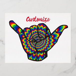 Postal Festiva Con Relieve Metalizado Cala del Trueno Psicodélico Shaka Hawaiano