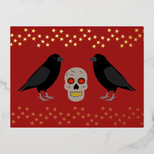 Postal Festiva Con Relieve Metalizado Calavera gótica y guardián recorren Halloween