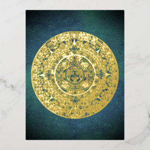 Postal Festiva Con Relieve Metalizado Calendario maya 1 azteca mexicano de soles aztecos