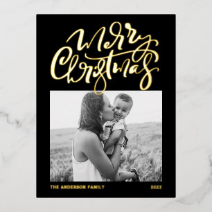 Postal Festiva Con Relieve Metalizado Caligrafía moderna Fotos navideñas Black Merry