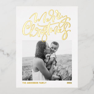 Postal Festiva Con Relieve Metalizado Caligrafía moderna Fotos navideñas de moras blanca