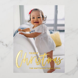 Postal Festiva Con Relieve Metalizado Caligrafía moderna rústica Foto de Feliz Navidad