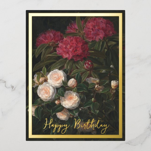 Postal Festiva Con Relieve Metalizado Camellias Y Rhododendros (Anverso)