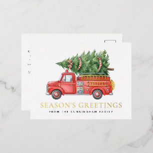 Postal Festiva Con Relieve Metalizado Camión de bomberos moderno personalizado de Navida
