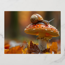 Postal Festiva Con Relieve Metalizado Caracol sobre la seta escena natural adorable