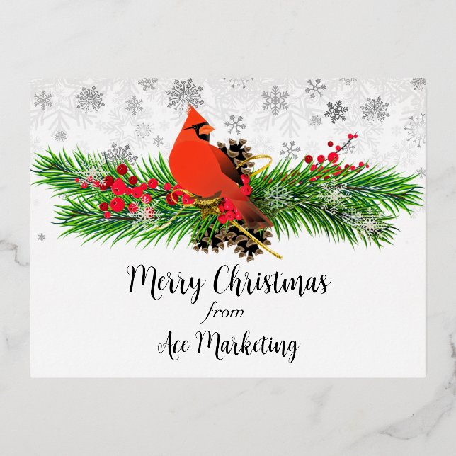 Postal Festiva Con Relieve Metalizado Cardenal de Navidad Business Merry (Anverso)