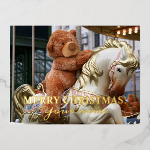 Postal Festiva Con Relieve Metalizado Carrusel con Teddy Bear