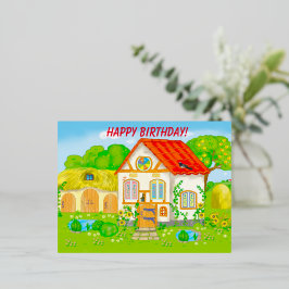 Postal Festiva Con Relieve Metalizado Casa de cuento de hadas con jardín de techo rojo
