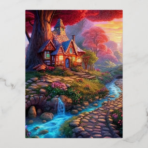 Postal Festiva Con Relieve Metalizado Casa de fantasía de sol en los bosques