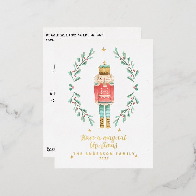 Postal Festiva Con Relieve Metalizado cascanueces acuarela botánico lindo (Anverso/Reverso)