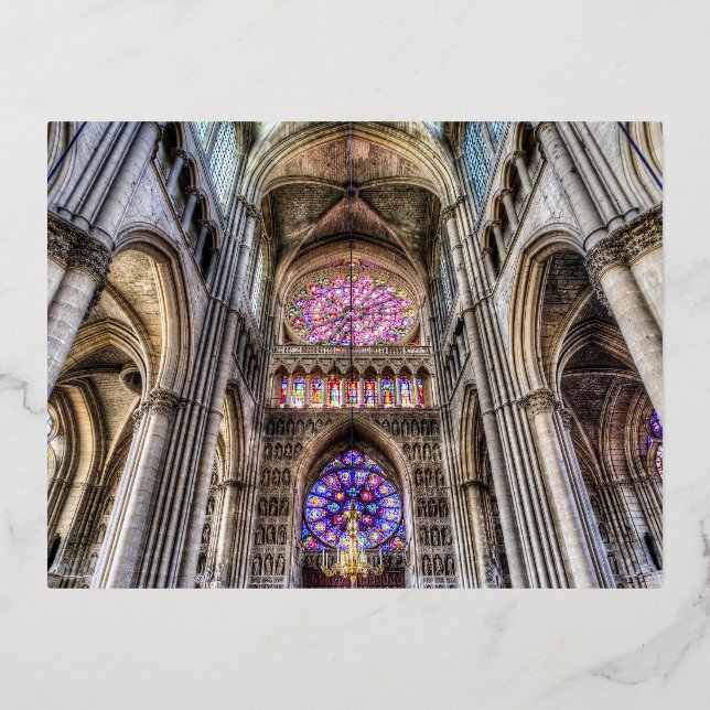 Postal Festiva Con Relieve Metalizado Catedral de Notre Dame Reims (Anverso)