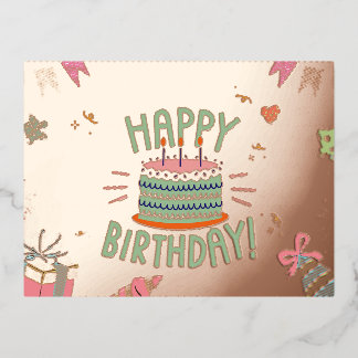 Postal Festiva Con Relieve Metalizado Celebrar con estilo: Pastel de cumpleaños y cumple