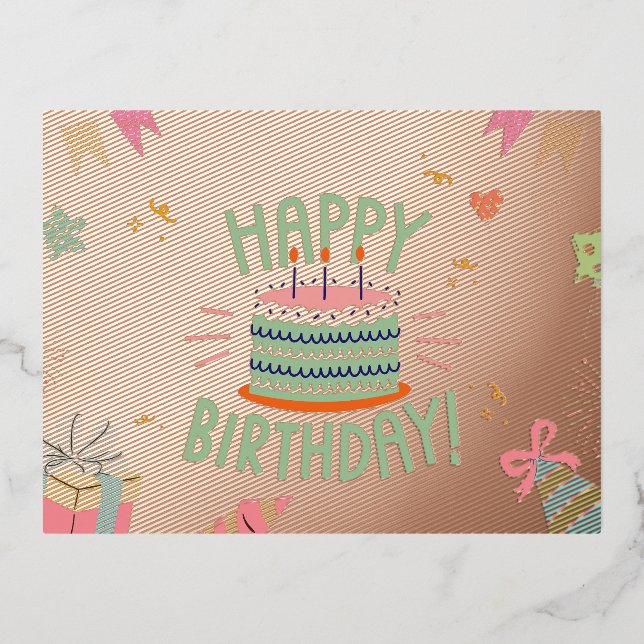 Postal Festiva Con Relieve Metalizado Celebrar con estilo: Pastel de cumpleaños y cumple (Anverso)
