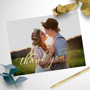 Postal Festiva Con Relieve Metalizado Chic Caligrafía Foto Gracias Boda