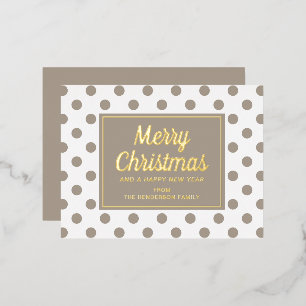 Postal Festiva Con Relieve Metalizado Chic Grafía Dorada Lunares Taupe Feliz Navidad