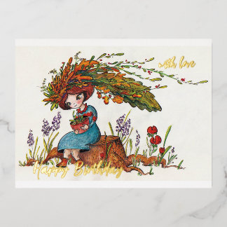 Postal Festiva Con Relieve Metalizado chica de otoño adorable