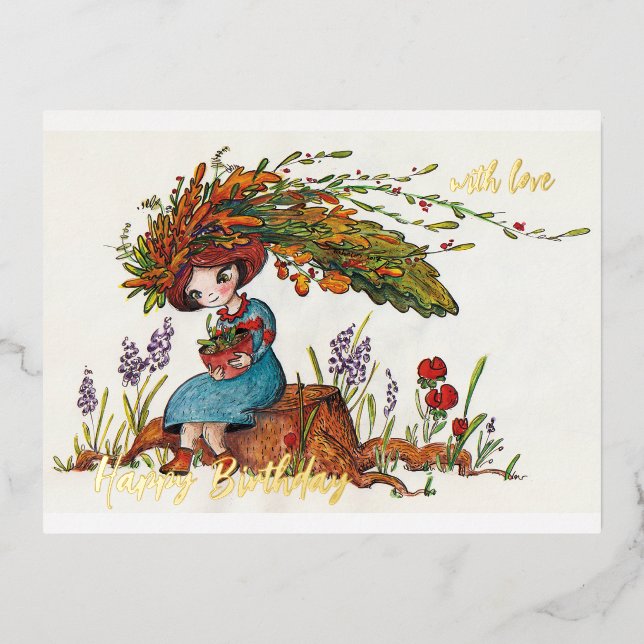 Postal Festiva Con Relieve Metalizado chica de otoño adorable (Anverso)