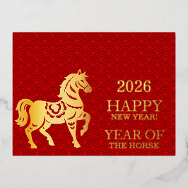 Postal Festiva Con Relieve Metalizado Chinese New Year Of The Horse Red Gold 