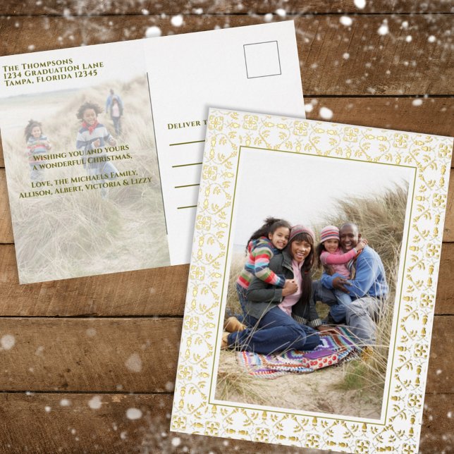 Postal Festiva Con Relieve Metalizado Christmas Gold Elegant Frame Two Photo Holiday (Subido por el creador)