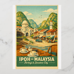 Postal Festiva Con Relieve Metalizado Ciudad de Ipoh, Malasia viaje retro