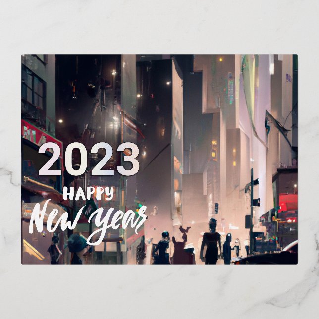 POSTAL FESTIVA CON RELIEVE METALIZADO CIUDAD DE NUEVA YORK - FELIZ AÑO NUEVO 2023 (Anverso)