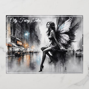 Postal Festiva Con Relieve Metalizado Ciudad gótica urbana de fantasía de hadas oscuras 