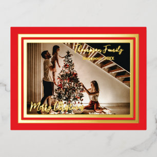 Postal Festiva Con Relieve Metalizado Clásico de la familia navideña Merry