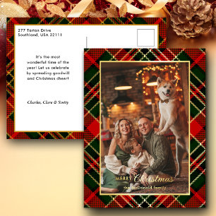 Postal Festiva Con Relieve Metalizado Clásico Plaid de Navidad Rojo, Verde y Dorado 1-Fo