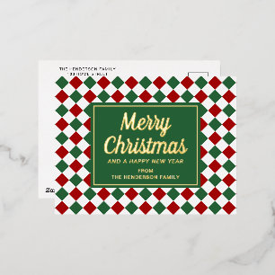 Postal Festiva Con Relieve Metalizado Clásico Rojo Verde Cuadros Feliz Navidad Oro