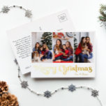 Postal Festiva Con Relieve Metalizado Clásico Simple Tres Fotos Merry Christmas Gold<br><div class="desc">Celebre la temporada con esta original y clásica tarjeta postal de tres fotos de las festividades del Relieve metalizado de Navidad con un toque de encanto vintage. El diseño minimalista muestra una elegante paleta de colores dorados que evoca el espíritu acogedor del invierno. Su atractivo moderno, combinado con la redacción...</div>