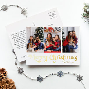 Postal Festiva Con Relieve Metalizado Clásico Simple Tres Fotos Merry Christmas Gold