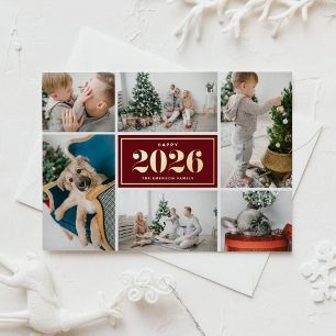 Postal Festiva Con Relieve Metalizado Collage de fotos Feliz Año Nuevo 2026 en Borgoña