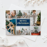 Postal Festiva Con Relieve Metalizado Collage de fotos navideño azul marino retro<br><div class="desc">Feliz Navidad! Envíe sus saludos de vacaciones a la familia y amigos con esta postal de Navidades de personalizable. Presenta tipografía retro y una plantilla de collage de fotos. Personalice esta postal de Navidades de collage de fotos agregando sus detalles. Esta postal de Navidades de Relieve metalizado dorado está disponible...</div>