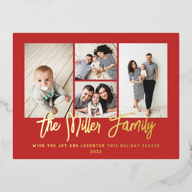 Postal Festiva Con Relieve Metalizado Collage de fotos Personalizado Nombre Familiar 4 (Anverso)