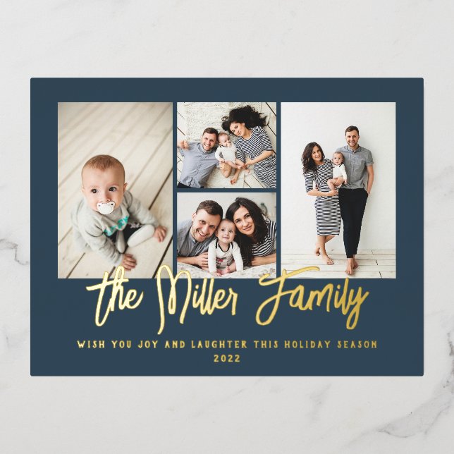 Postal Festiva Con Relieve Metalizado Collage de fotos Personalizado Nombre Familiar 4 (Anverso)