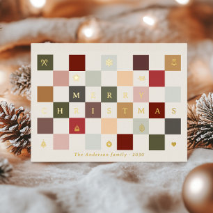 Postal Festiva Con Relieve Metalizado Colorido Feliz Navidad Ajedrezado Vintage Divertid